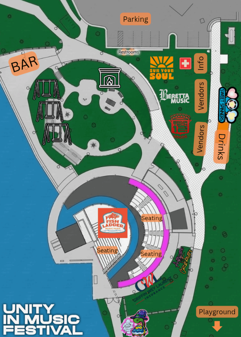 Inside the park: Stage and seating, bar, vendors, restrooms, info, playground.
